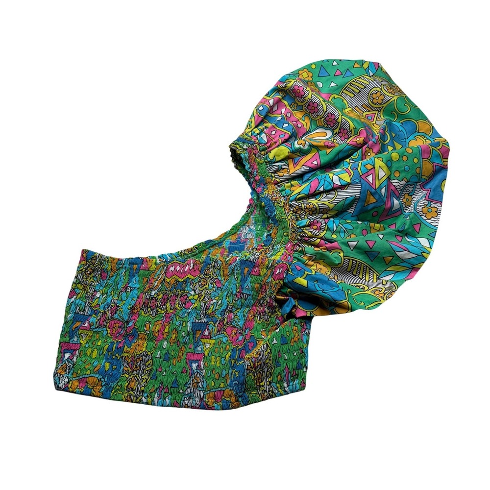 S/W/F SWF Crop Top Multicolor Smocked One Shoulder Puff Sleeve Top Women's Small